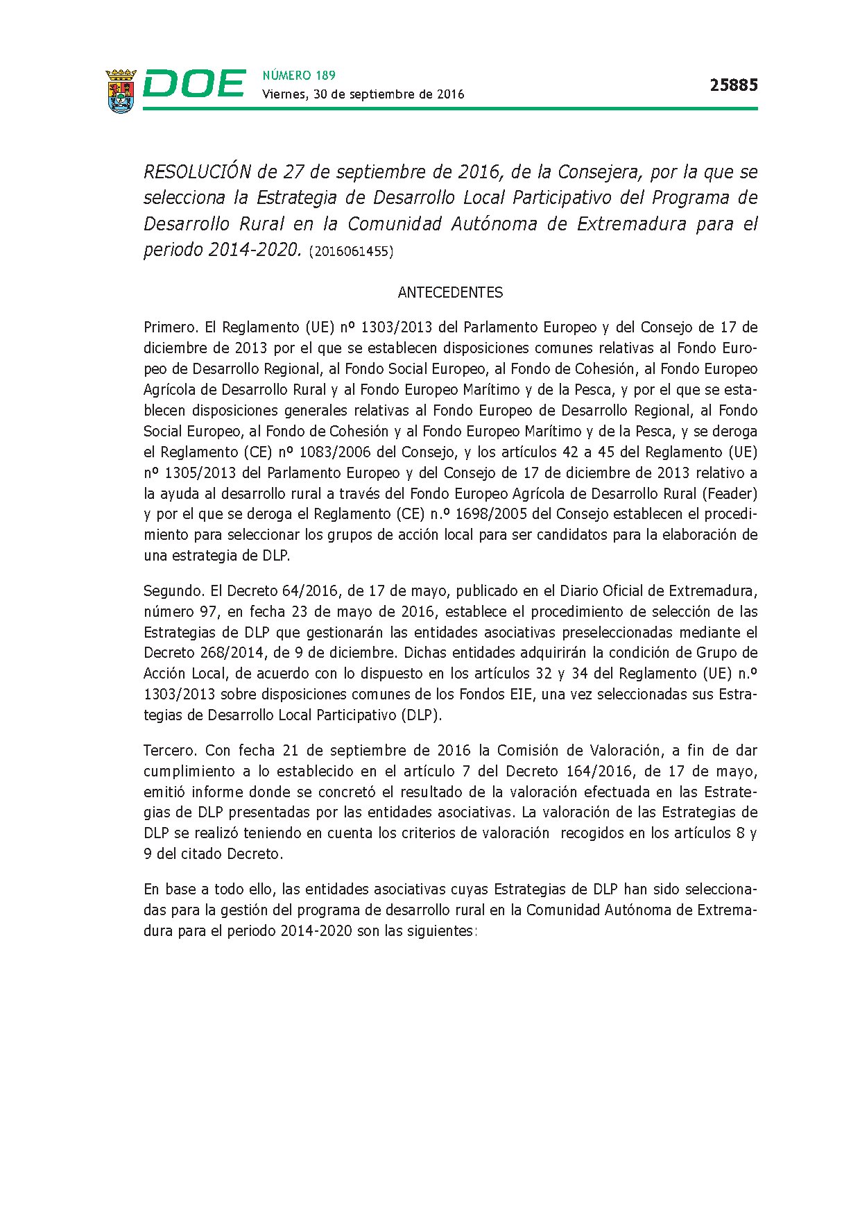Resolución selección estrategias DLP grupos de acción local de Extremadura 2014-20