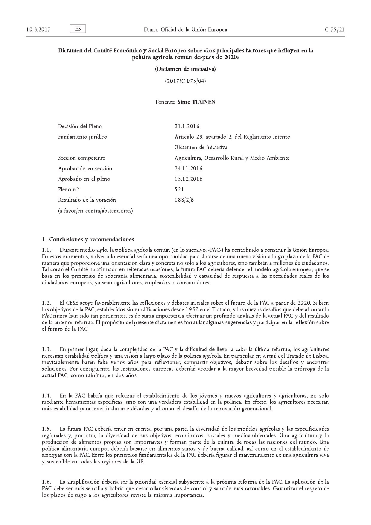 Dictamen del Comité Económico y Social Europeo sobre Los principales factores que influyen en la política agrícola común después de 2020