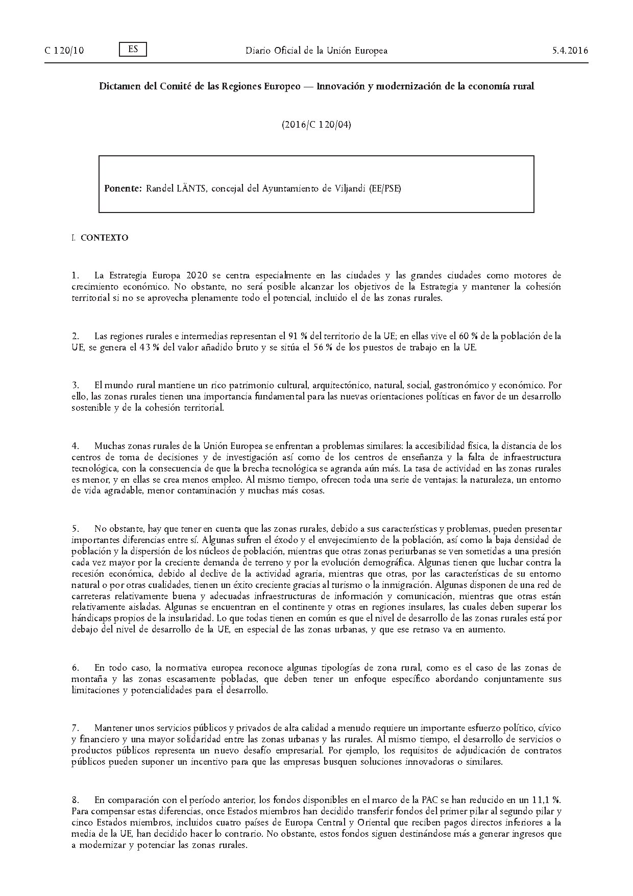 Dictamen Comité de las regiones - Innovación y modernización de la economía rural