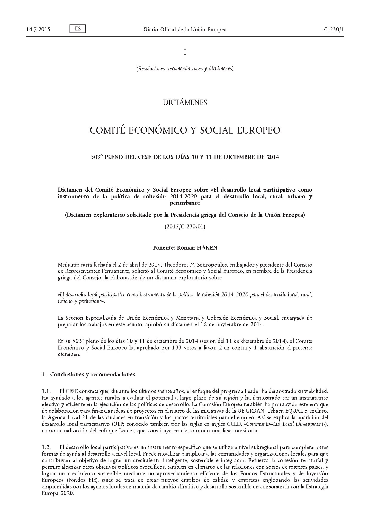 Dictamen CESE - El DLP instrumento política de cohesión 2014-2020 para el desarrollo local, rural, urbano y periurbano