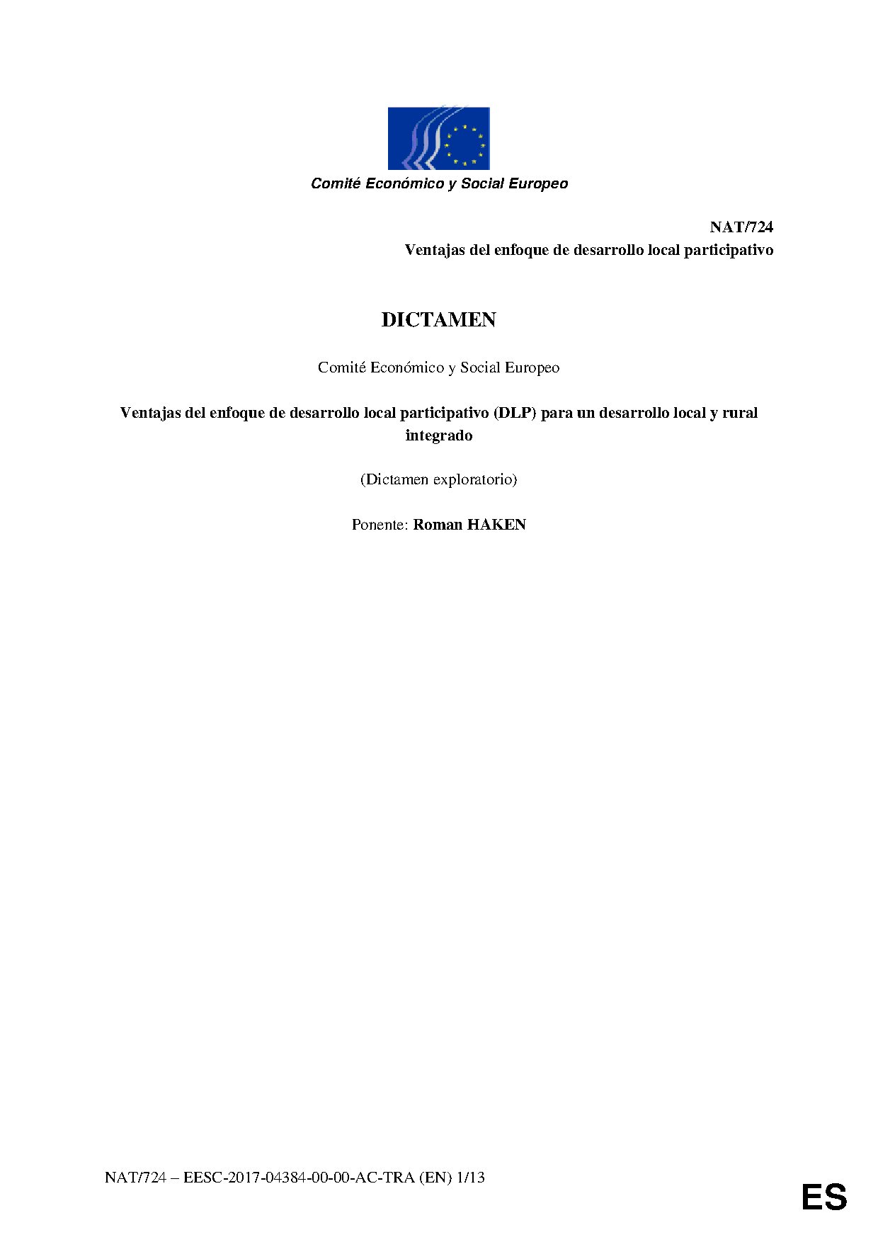 Dictamen exploratorio CESE sobre las ventajas del enfoque de desarrollo local participativo (CLLD) para un desarrollo local y rural integrado
