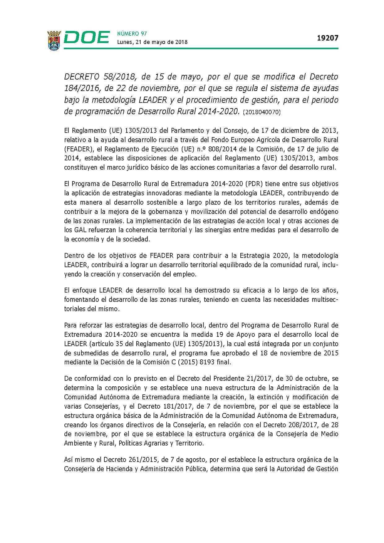 Decreto 58/2018 que modifica el Decreto 184/2016 sobre sistema y procedimiento gestión Ayudas Leader 2014-2020