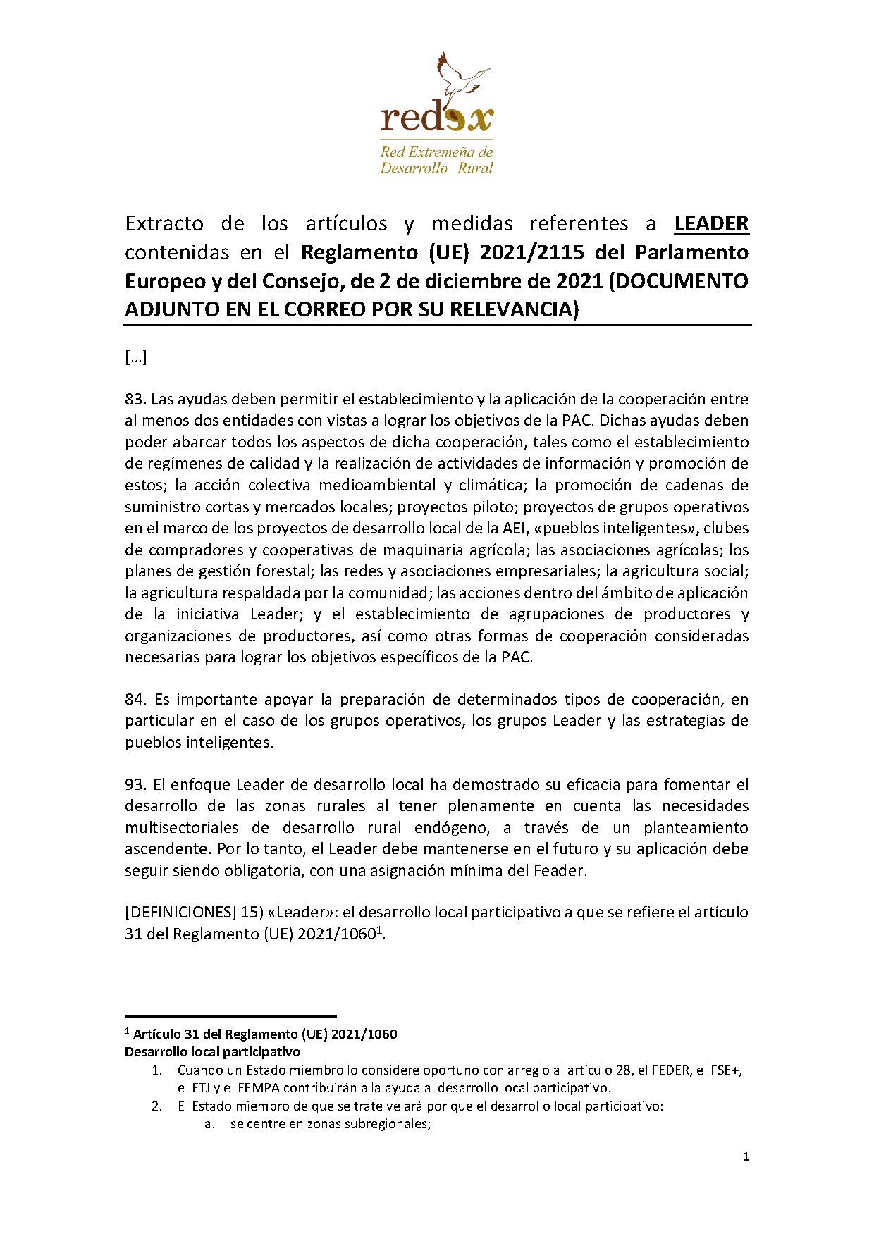Extracto LEADER del Reglamento UE 2021-2115