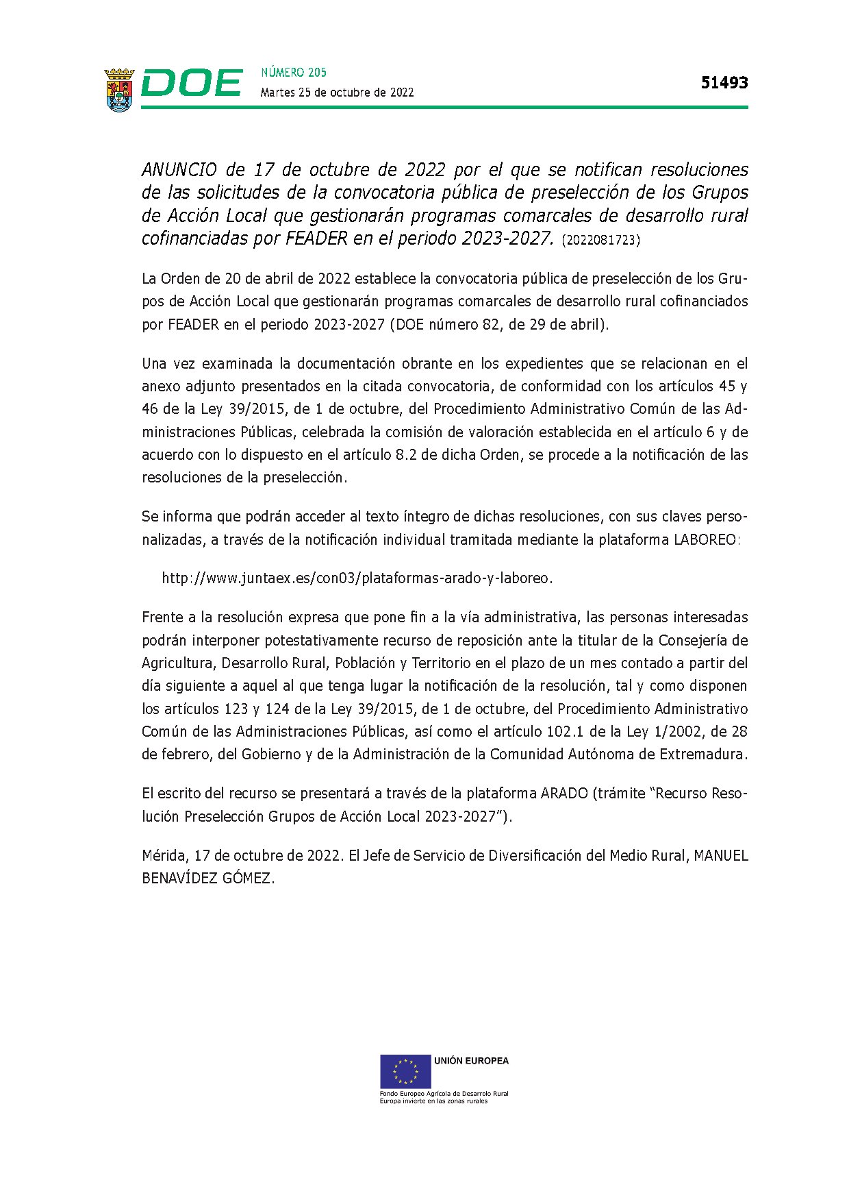 Anuncio con la relación de GALs preseleccionados FEADER-DLP 2023-2027