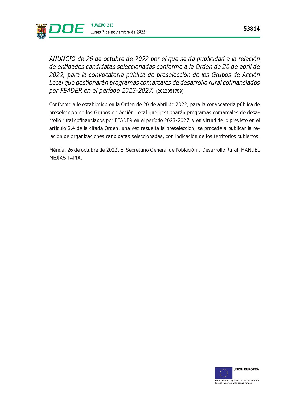 Anuncio con la relación de municipios, pedanías y entidades locales menores incluidas en los Grupos de Acción Local del período 2023-2027.