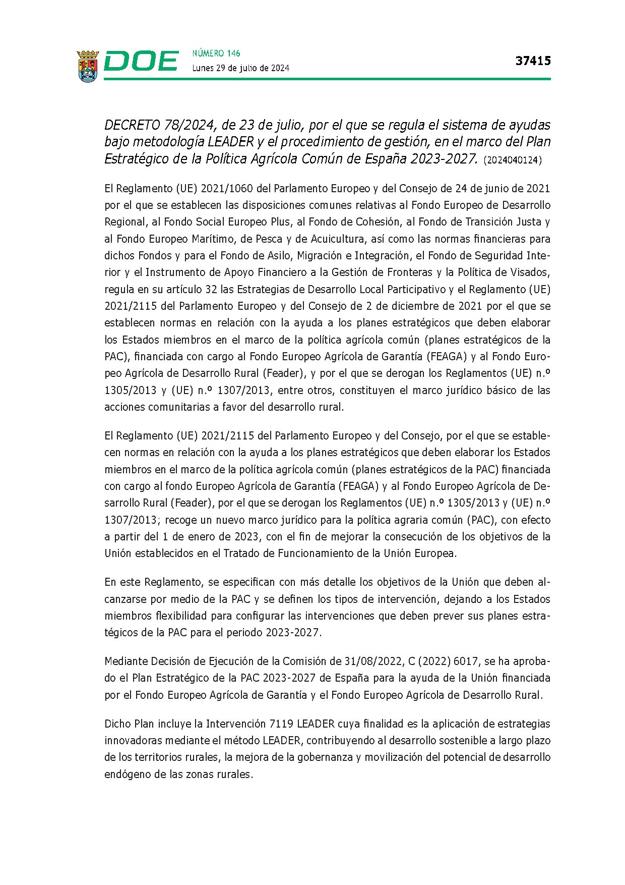 Decreto 78/2024 por el que se regula el sistema de ayudas bajo metodología LEADER 23-27 y su procedimiento de gestión