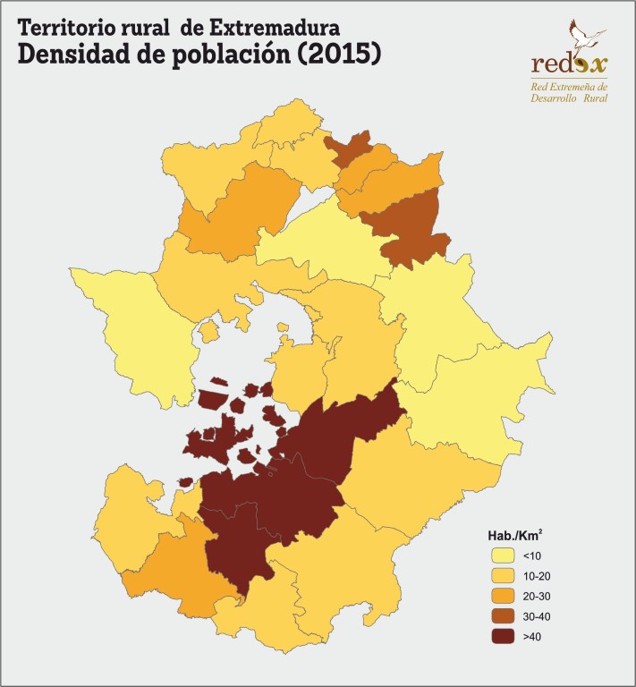 Territorio rural de Extremadura - Densidad de poblaci&oacute;n